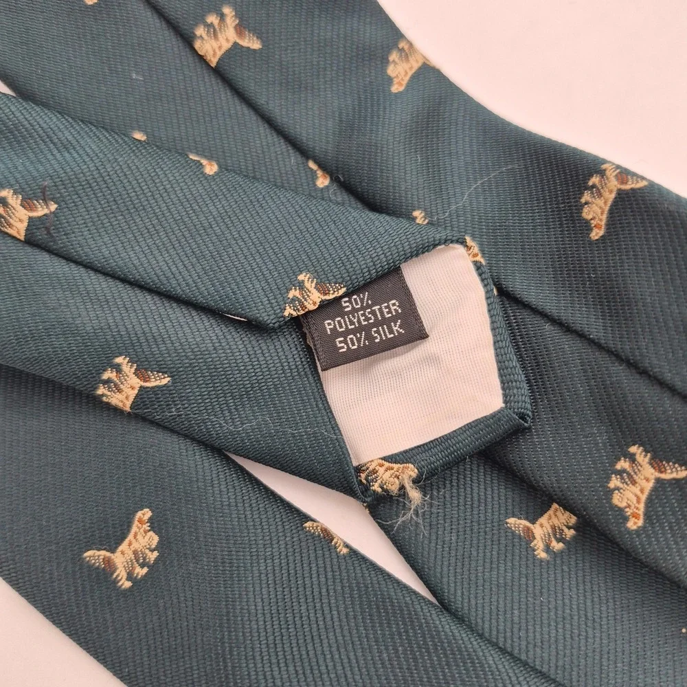 House of Arden Men Dark Teal Silk Blend Spaniel Dog Animal Print Necktie